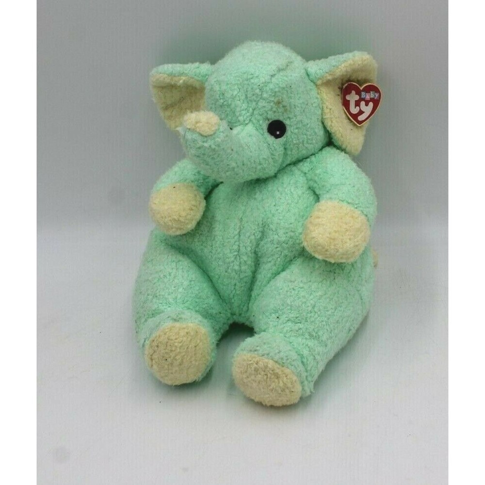 2000 Baby TY Pillow Pals ElephantBaby Green Yellow Rattle Plush Original Tag 12"